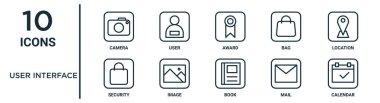 kullanıcı arayüzü ana simge seti ince çizgi kamerası, ödül, konum, resim, posta, takvim, rapor için güvenlik simgeleri, sunum, diyagram, web tasarımı