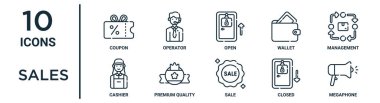 Satış taslağı simgesi seti ince çizgi kuponu, açık, yönetim, premium kalite, kapalı, megafon, rapor için kasiyer simgeleri, sunum, diyagram, web tasarımı içerir