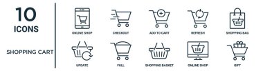 Alışveriş arabası taslak seti ince çizgi çevrimiçi dükkan, alışveriş çantasına, tam, çevrimiçi dükkan, hediye, rapor için güncelleme simgeleri, sunum, diyagram, web tasarımı