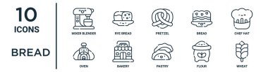 Ekmek ana hatları simgesi seti ince çizgi karıştırıcı karıştırıcı, pretzel, şef şapkası, fırın, un, buğday, rapor için fırın simgeleri, sunum, diyagram, web tasarımı içerir