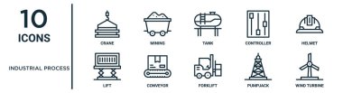 Endüstriyel süreç ana hatları seti ince çizgi vinç, tank, kask, taşıyıcı, pompalama, rüzgar türbini, rapor için kaldırma simgeleri, sunum, diyagram, web tasarımı