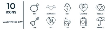 Sevgililer Günü ana hatları simgesi seti ince çizgi halkası, kilit, mesaj, hediye, çanta, şemsiye, rapor için anahtar simgeler, sunum, diyagram, web tasarımı içerir