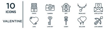 Sevgililer günü simgesi seti ince satır chote, hediye, aşk mektubu, aşk anahtarı, balon, aşk oku, rapor için simgeler, sunum, diyagram, web tasarımı içerir