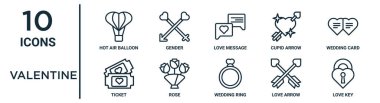 Sevgililer Günü ana hatları simgesi seti ince çizgi sıcak hava balonu, aşk mesajı, düğün kartı, gül, aşk oku, aşk anahtarı, rapor için bilet ikonları, sunum, diyagram, web tasarımı