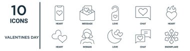 Sevgililer Günü ana hatları simgesi seti ince çizgi kalp, aşk, kalp, kadın, sohbet, kar tanesi, rapor için kalp ikonları, sunum, diyagram, web tasarımı içerir