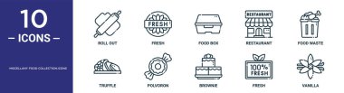 Çeşitli yiyecek koleksiyonu. Simge taslak simgesi seti ince çizgi dışını, yiyecek kutusunu, yiyecek atıklarını, polvoronu, taze, vanilya, rapor için mantar ikonları, sunum, diyagram, web tasarımı