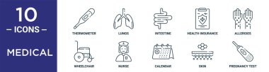 Tıbbi taslak simge seti ince çizgi termometresi, bağırsak, alerji, hemşire, cilt, hamilelik testi, rapor için tekerlekli sandalye ikonları, sunum, diyagram, web tasarımı