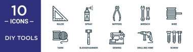 diy araçları ana simge seti ince çizgi cetvel, nippers, tel, balyoz, delme hine, vida, iplik simgeleri rapor için, sunum, diyagram, web tasarım