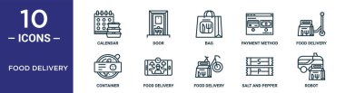 Gıda dağıtım ana hatları ikonu seti ince çizgi takvimi, çanta, yemek teslimatı, yemek teslimatı, tuz ve biber, rapor için robot, kabın simgeleri, sunum, diyagram, web tasarımı