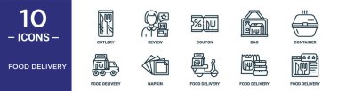 Gıda dağıtım ana hatları simgesi seti ince çizgi çatal bıçak, kupon, kap, peçete, yiyecek teslimatı, rapor için ikonlar, sunum, diyagram, web tasarımı