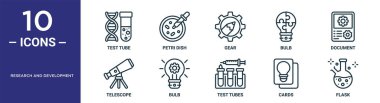 Araştırma ve geliştirme ana hatları simgesi seti ince çizgi test tüpü, dişli, belge, ampul, kartlar, rapor, sunum, diyagram, web tasarımı için cep telefonu simgeleri