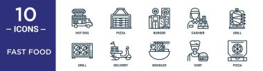 fast food ana hatları seti ince çizgi sosisli sandviç, burger, ızgara, dağıtım, şef, pizza, rapor için ızgara simgeleri, sunum, diyagram, web tasarımı içerir