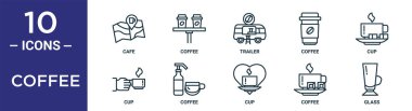 Kahve hatları simgesi seti ince çizgi kafe, karavan, fincan, kahve, kahve, bardak, rapor için bardak simgeleri, sunum, diyagram, web tasarımı