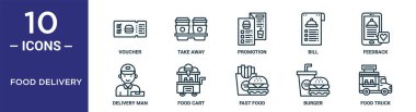 Gıda dağıtım ana hatları ikonu seti ince çizgi kuponu, tanıtım, geri bildirim, yemek arabası, burger, yemek kamyonu, rapor için dağıtım elemanı simgeleri, sunum, diyagram, web tasarımı