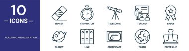 Akademik ve eğitim ana hatları simgesi seti ince çizgi silgi, teleskop, rozet, bağlantı, dünya, ataç, rapor için gezegen simgeleri, sunum, diyagram, web tasarımı