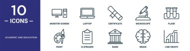 Akademik ve eğitim ana hatları simgesi seti ince çizgi monitör ekranı, sertifika, maket, pano, beyin, çizgi grafiği, rapor için boya simgeleri, sunum, diyagram, web tasarımı