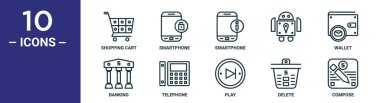 Taslak simge seti ince çizgi alışveriş arabası, akıllı telefon, cüzdan, telefon, silme, rapor için bankacılık simgeleri, sunum, diyagram, web tasarımı