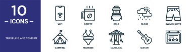 seyahat ve turizm ana simgesi seti ince çizgi wifi, dslr, yüzme şortları, feminen, gitar, rapor için kamp simgeleri, sunum, diyagram, web tasarımı içerir