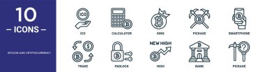 Bitcoin ve kripto para birimi ana simge seti ince satır ico, kral, akıllı telefon, asma kilit, banka, kazma, rapor için ticaret simgeleri, sunum, diyagram, web tasarımı içerir