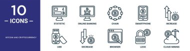 Bitcoin ve kripto para birimi ana simge kümesi ince çizgi istatistik, zincir, artış, azalma, kilit, bulut madenciliği, rapor için usb simgeleri, sunum, diyagram, web tasarımı