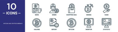 Bitcoin ve kripto para birimi ana simgesi seti ince çizgi haber, alışveriş çantası, el, rapor, izleme, istatistik, rapor için yarıya indirme simgeleri, sunum, diyagram, web tasarımı