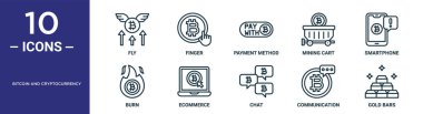 Bitcoin ve kripto para birimi ana hatları simgesi kümesi ince çizgi sineği, ödeme yöntemi, akıllı telefon, ekommerce, iletişim, altın külçeler, rapor için yanma simgeleri, sunum, diyagram, web tasarımı
