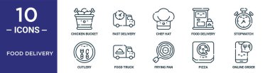 Gıda dağıtım ana hatları ikonu seti ince çizgi tavuk kovası, şef şapkası, kronometre, yemek kamyonu, pizza, çevrimiçi sipariş, rapor için çatal bıçak ikonları, sunum, diyagram, web tasarımı