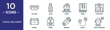 Gıda dağıtım ana hatları simgesi seti ince çizgi sosisli sandviç, ev, kafeterya, suşi, rota, olumlu değerlendirme, rapor için para simgeleri, sunum, diyagram, web tasarımı