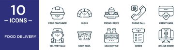 Gıda dağıtım ana hatları ikonu seti ince çizgi yiyecek kabı, patates kızartması, kredi kartı, çorba kasesi, sipariş, çevrimiçi sipariş, sunum, diyagram, web tasarımı