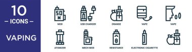 Vaping outline simge seti ince çizgi mod, turuncu, vape, mech mod, elektronik sigara, rapor için atomizer simgeleri, sunum, diyagram, web tasarımı