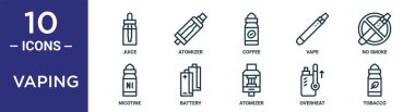 vaping outline simge seti ince çizgi suyu, kahve, duman, pil, aşırı ısınma, tütün, rapor için nikotin simgeleri, sunum, diyagram, web tasarımı içerir