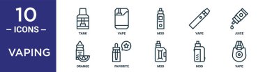 buharlaştırma ana hatları simgesi seti ince çizgi tankı, mod, meyve suyu, favori, mod, vape, rapor için turuncu simgeler, sunum, diyagram, web tasarımı içerir
