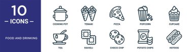 Gıda ve içecek taslak ikonu seti ince çizgi yemek tenceresi, pizza, kek, ravioli, patates cipsi, sosisli sandviç, rapor için çay ikonları, sunum, diyagram, web tasarımı