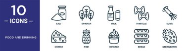 Gıda ve içme ikonu seti ince çizgi tuzu, süt, kalamar, çam, ekmek, rapor için çilek, peynir simgeleri, sunum, diyagram, web tasarımı içerir