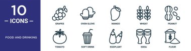 Gıda ve içecek taslak ikonu seti ince çizgi üzümler, mango, fıstık, meşrubat, soda, un, domates ikonları rapor için, sunum, diyagram, web tasarımı