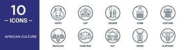 Afrika kültür ana hatları ikonu seti ince çizgi suaygırı, hançer, kostüm, el çantası, mızrak, fil, rapor için kolye simgeleri, sunum, diyagram, web tasarımı