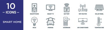 Akıllı ev çizgisi simgesi seti ince çizgi akıllı telefon, pil, güneş paneli, park yeri, klima, sıcaklık, rapor için ampul simgeleri, sunum, diyagram, web tasarımı içerir