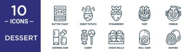 tatlı taslak simgesi seti ince çizgi tereyağlı tost, çilek, fondü, rulo pasta, daifuku, rapor için sakız simgeleri, sunum, diyagram, web tasarımı içerir