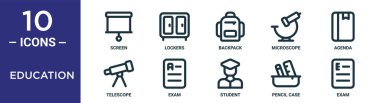 Eğitim ana hatları simgesi seti ince çizgi ekran, sırt çantası, ajanda, sınav, kalem kutusu, sınav, rapor, sunum, diyagram, web tasarımı için teleskop simgeleri içerir