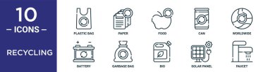 Geri dönüşüm ana hatları simgesi seti ince çizgi plastik torba, yiyecek, dünya çapında çöp torbası, güneş paneli, musluk, rapor için pil simgeleri, sunum, diyagram, web tasarımı