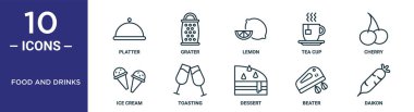 Gıda ve içecek taslak simgesi seti ince çizgi tabağı, limon, kiraz, tost, çırpıcı, daikon, rapor için dondurma simgeleri, sunum, diyagram, web tasarımı