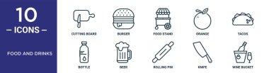 Gıda ve içecek taslak ikonu seti ince çizgi kesme tahtası, yemek standı, taco, bira, bıçak, şarap kovası, rapor için şişe ikonları, sunum, diyagram, web tasarımı