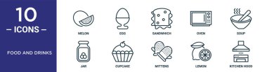 Gıda ve içecek taslak simgesi seti ince çizgi karpuz, sandviç, çorba, kek, limon, mutfak kaputu, rapor için kavanoz simgeleri, sunum, diyagram, web tasarımı