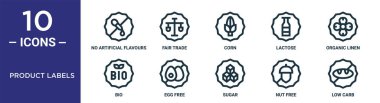 ürün etiketleri ana simge seti ince çizgi içerir suni tatlar, mısır, organik keten, yumurta ücretsiz, fındık ücretsiz, düşük karbonhidrat, rapor için biyolojik simgeler, sunum, diyagram, web tasarımı