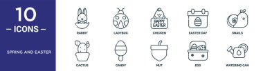 bahar ve Paskalya ana hatları ikonu seti ince çizgi tavşan, tavuk, salyangoz, şeker, yumurta, sulama kutusu, rapor için kaktüs simgeleri, sunum, diyagram, web tasarımı