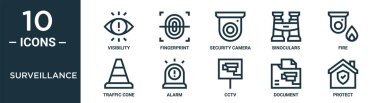 surveillance outline icon set includes thin line visibility, security camera, fire, alarm, document, protect, traffic cone icons for report, presentation, diagram, web design clipart