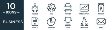 iş özeti simgesi seti ince bir son tarih, pantolon, pantolon, pasta grafiği, takım çalışması, e-posta, fatura simgeleri, sunum, diyagram, web tasarımı içerir