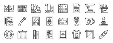 Kartlar, kitap, renk paleti, baskı, kartuşlar, pdf, d yazıcı vektör simgeleri, rapor, sunum, diyagram, web tasarımı, mobil uygulama gibi 24 ana hatlı web yazdırma simgesi seti