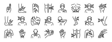 Rapor, sunum, diyagram, web tasarımı, mobil uygulama gibi 24 ana hatlı fiziksel yaralanma ikonu (kanama, ayak bileği, yara, diz, yara, ağrı, yara vektör simgeleri)