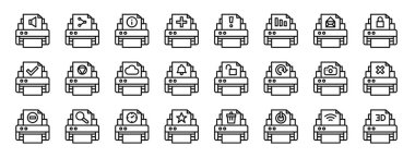Rapor, sunum, diyagram, web tasarımı, mobil uygulama için hoparlör, paylaşım, bilgi, artı, uyarı gibi 24 ana hatlı web yazıcı simgesi seti
